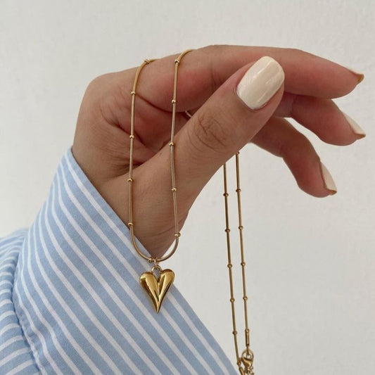Golden Puff Heart Pendant Necklace