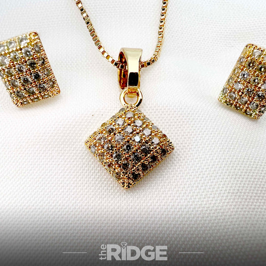 Square Pave Crystal Pendant & Earrings Set – Gold