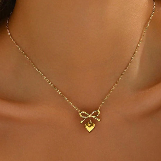 Gold Plated Heart Bow Pendant Necklace