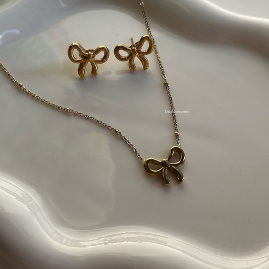 Golden Bow Necklace & Earrings Set