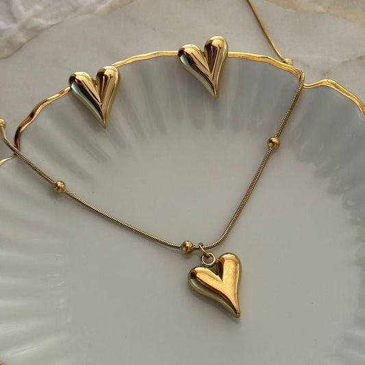 Golden Puff Heart Pendant Necklace with Studs