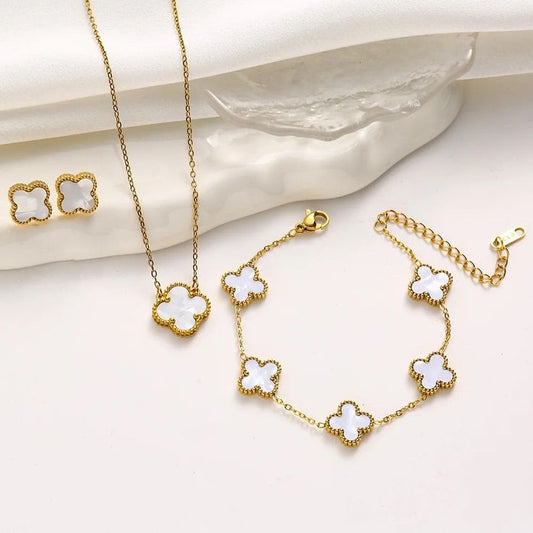 White Enamel Clover Jewelry Set – [Set of 3]