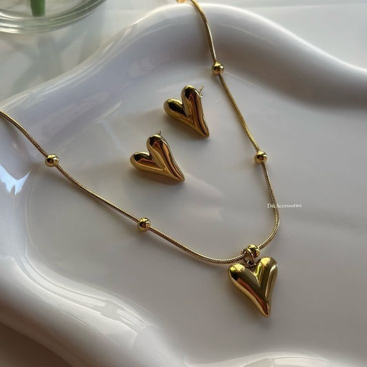 Golden Puff Heart Pendant Necklace with Studs